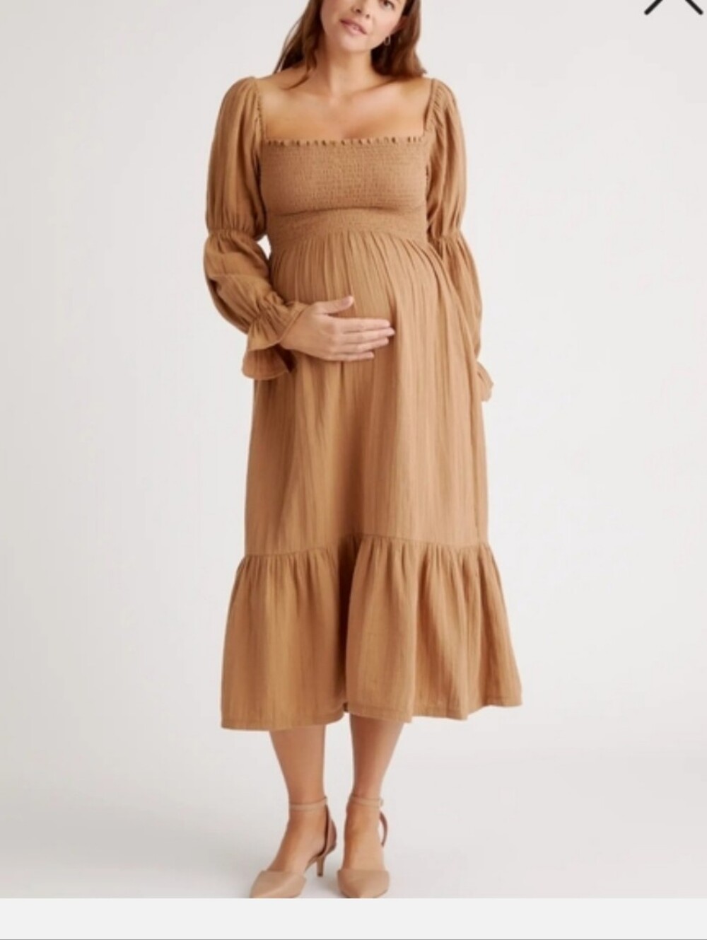 Quince Smocked Bodice Maxi Dress Warm Tan  Brown 100% Cotton Tier Peasant Midi